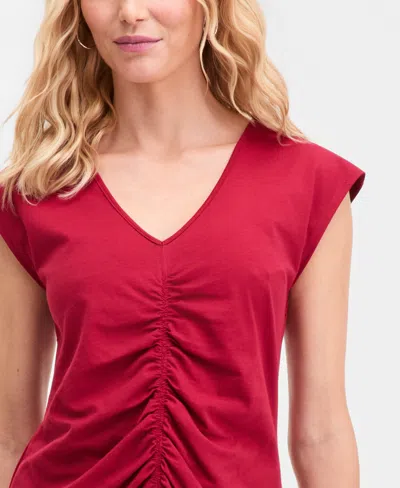 Inc International Concepts Women's Cotton Ruched V-neck Top, Macy's Exclusive In Red