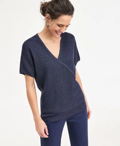 Jm Collection Women's Faux-wrap Short-sleeve Sweater, Macy's Exclusive In Blue