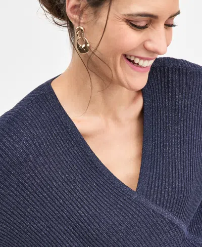 Jm Collection Women's Faux-wrap Short-sleeve Sweater, Macy's Exclusive In Blue