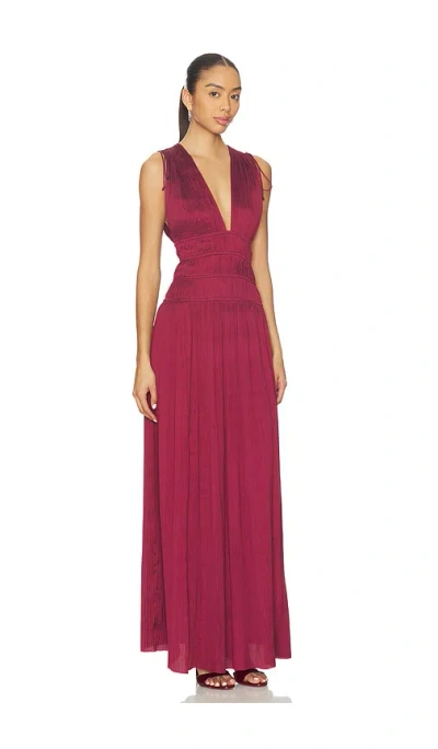 Ulla Johnson Tasneem Pleated Deep-v Satin Gown In Burgundy