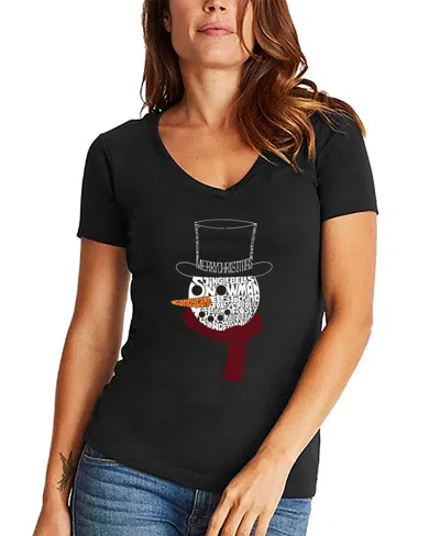 La Pop Art Women's Snowman Face Word Art V-neck T-shirt In Black