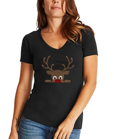 La Pop Art Women's Peeking Reindeer Word Art V-neck T-shirt In Black