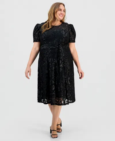 Tahari Asl Plus Size Puff-sleeve Burnout Midi Dress In Black