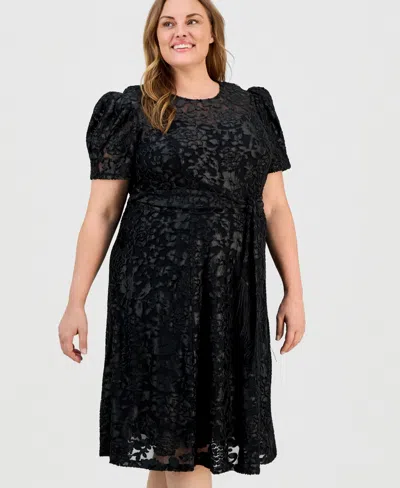 Tahari Asl Plus Size Puff-sleeve Burnout Midi Dress In Black
