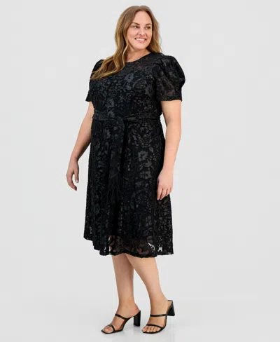 Tahari Asl Plus Size Puff-sleeve Burnout Midi Dress In Black
