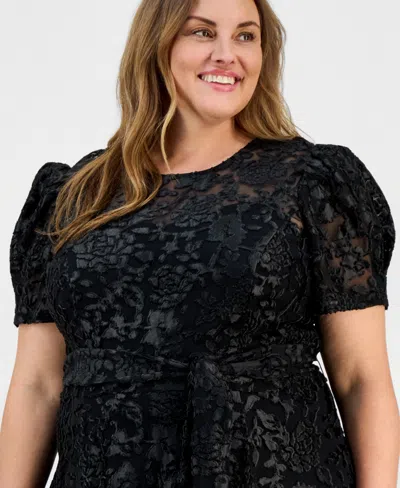 Tahari Asl Plus Size Puff-sleeve Burnout Midi Dress In Black