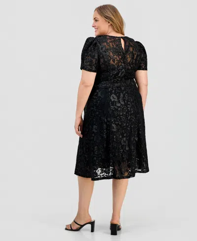 Tahari Asl Plus Size Puff-sleeve Burnout Midi Dress In Black