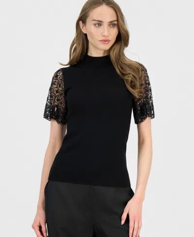 T Tahari Sequin & Beaded Flutter Sleeve Mock Neck Sweater In Black
