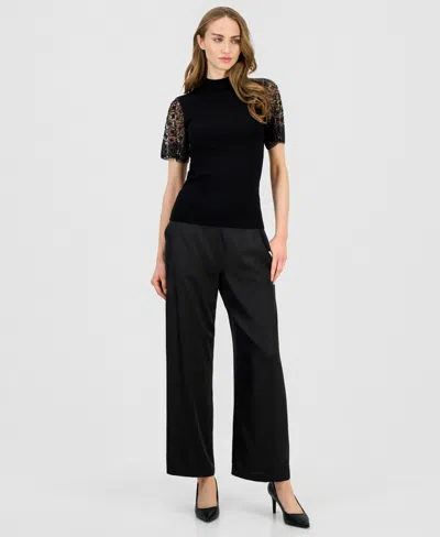 T Tahari Sequin & Beaded Flutter Sleeve Mock Neck Sweater In Black