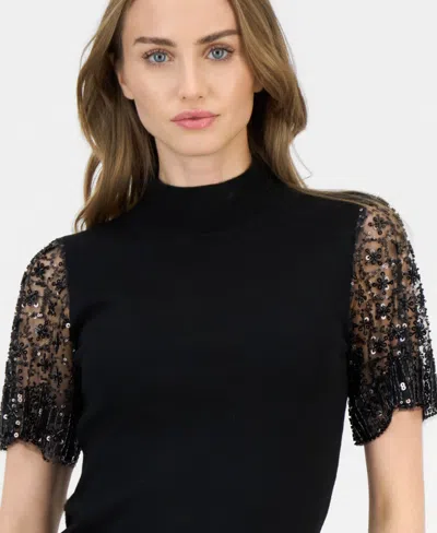 T Tahari Sequin & Beaded Flutter Sleeve Mock Neck Sweater In Black