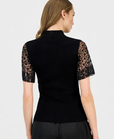 T Tahari Sequin & Beaded Flutter Sleeve Mock Neck Sweater In Black