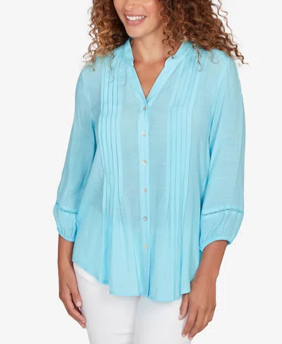 Ruby Rd. Petite Solid Silky Slub Pleated Button Front Top In Blue