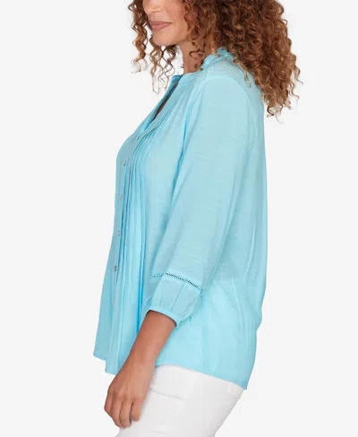 Ruby Rd. Petite Solid Silky Slub Pleated Button Front Top In Blue