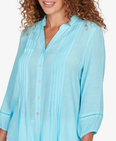 Ruby Rd. Petite Solid Silky Slub Pleated Button Front Top In Blue