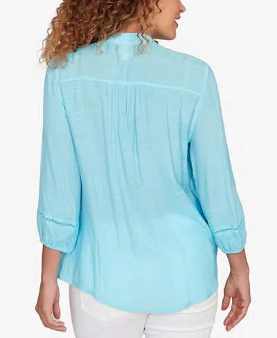 Ruby Rd. Petite Solid Silky Slub Pleated Button Front Top In Blue