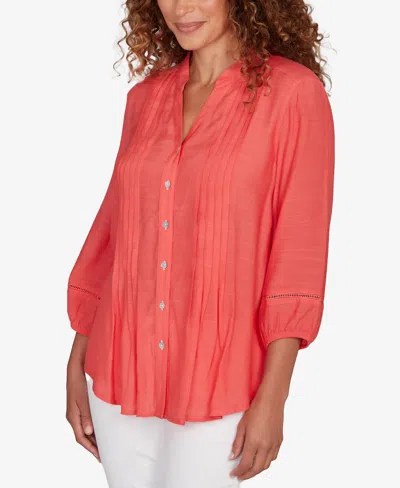 Ruby Rd. Petite Solid Silky Slub Pleated Button Front Top In Pink