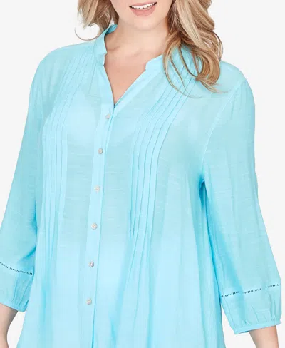 Ruby Rd. Plus Size Solid Silky Slub Pleated Button Front Top In Blue