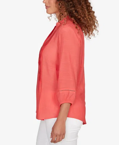 Ruby Rd. Petite Solid Silky Slub Pleated Button Front Top In Pink