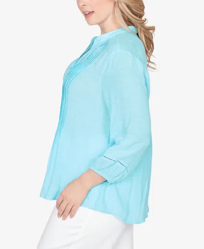 Ruby Rd. Plus Size Solid Silky Slub Pleated Button Front Top In Blue