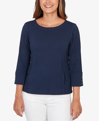 Ruby Rd. Petite Abstract Textured Pucker Knit Boxy Top In Blue