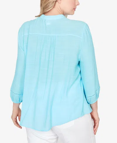 Ruby Rd. Plus Size Solid Silky Slub Pleated Button Front Top In Blue