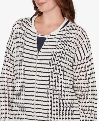 Ruby Rd. Petite Mesh Stitch Zip Sweater Jacket In White