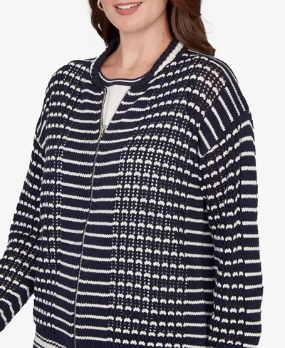 Ruby Rd. Petite Mesh Stitch Zip Sweater Jacket In Blue