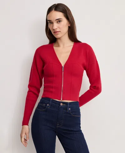 Good American Women's V-neck Front Zipper Sweater In Red