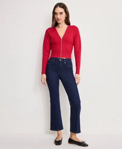 Good American Women's V-neck Front Zipper Sweater In Red