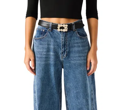 Steve Madden Women's Rhinestone Floral Buckle Belt In Black