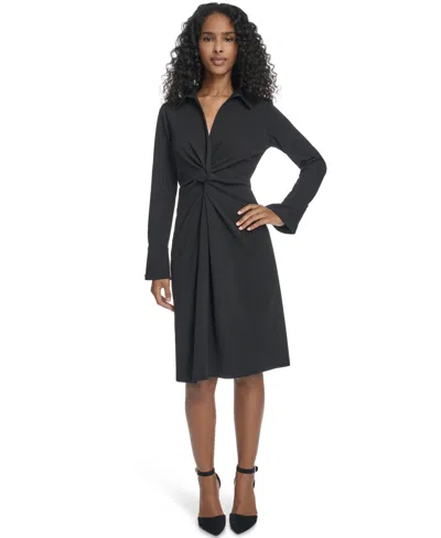 Calvin Klein Petite Collar Long-sleeve Midi Shirtdress In Black