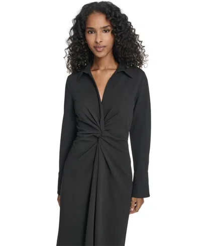 Calvin Klein Petite Collar Long-sleeve Midi Shirtdress In Black