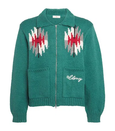 Cherry Los Angeles Cotton Navajo Intarsia Zip-up Cardigan In Green