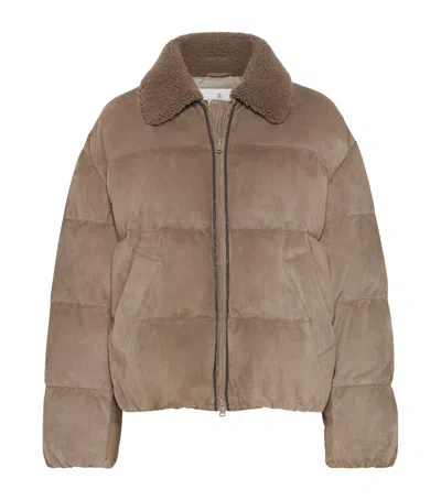 Brunello Cucinelli Suede Down Puffer Jacket In Brown