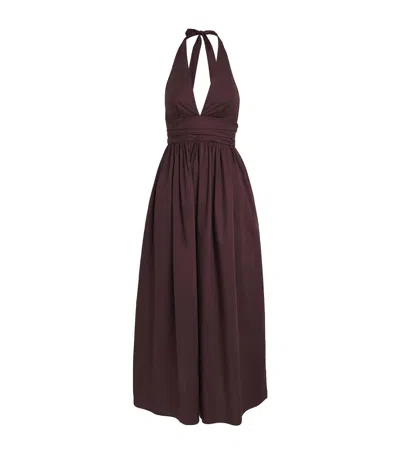 Matteau Gathered Organic Cotton-poplin Halterneck Maxi Dress In Brown