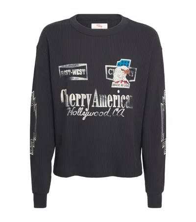 Cherry Los Angeles Best West Thermal Cropped Waffle-knit Cotton-blend T-shirt In Black