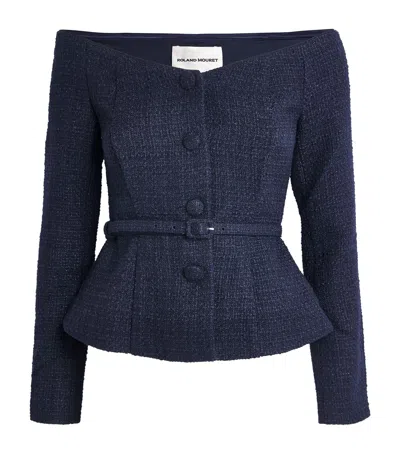 Roland Mouret Bouclé Off-the-shoulder Jacket In Blue