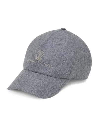 Brunello Cucinelli Virgin Wool Embroidered Baseball Cap In Gray