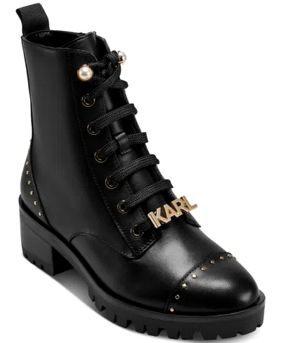 Karl Lagerfeld Prue Lace-up Combat Booties In Black