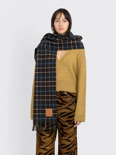 Ganni Double Face Wool Check Scarf In Gray