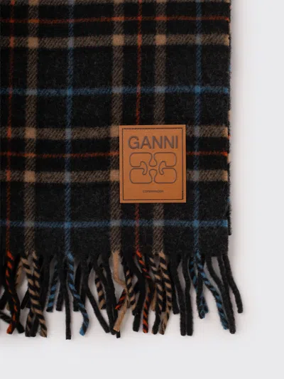 Ganni Double Face Wool Check Scarf In Gray