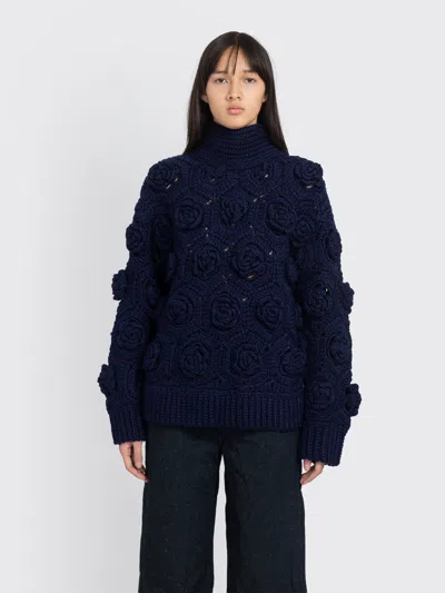 Ganni Flower Crochet Wool Sweater In Blue