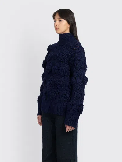 Ganni Flower Crochet Wool Sweater In Blue