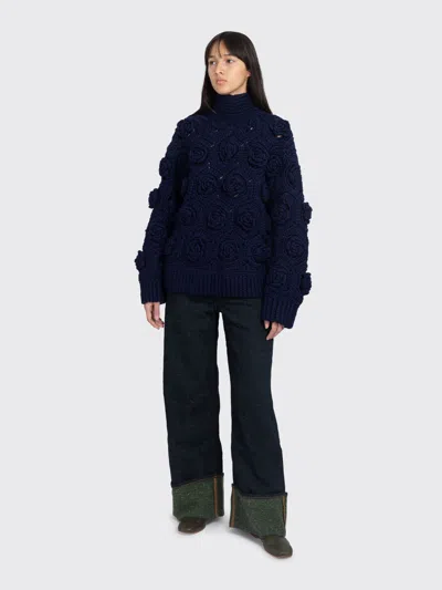 Ganni Flower Crochet Wool Sweater In Blue
