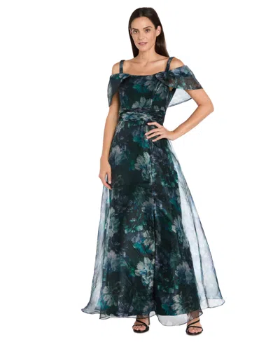 R & M Richards Women's Cold Shoulder Print Organza Capelet Band Dress In Green