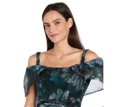 R & M Richards Women's Cold Shoulder Print Organza Capelet Band Dress In Green