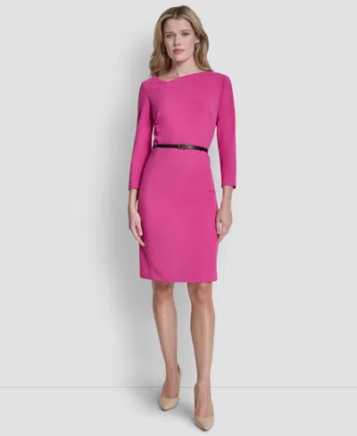 Dkny Petite Asymmetrical Neck 3/4-length Dress In Pink
