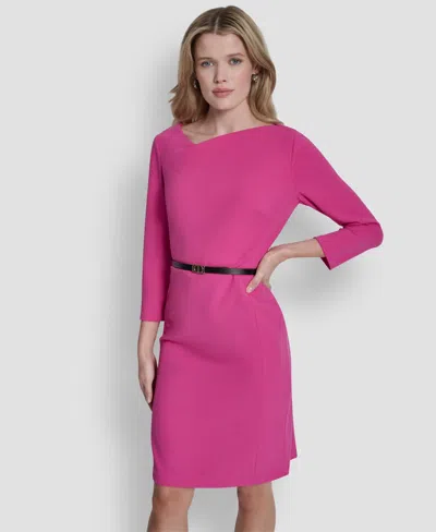 Dkny Petite Asymmetrical Neck 3/4-length Dress In Pink
