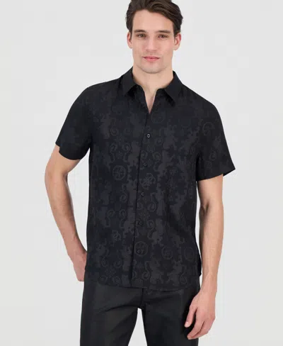 Guess Men's Lion Peony Jacquard Short-sleeve Button-front Shirt In Black