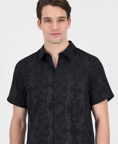 Guess Men's Lion Peony Jacquard Short-sleeve Button-front Shirt In Black